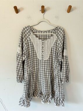Boho Tiered White Plaid Mini Dress Ruffle Hem Sz M/L